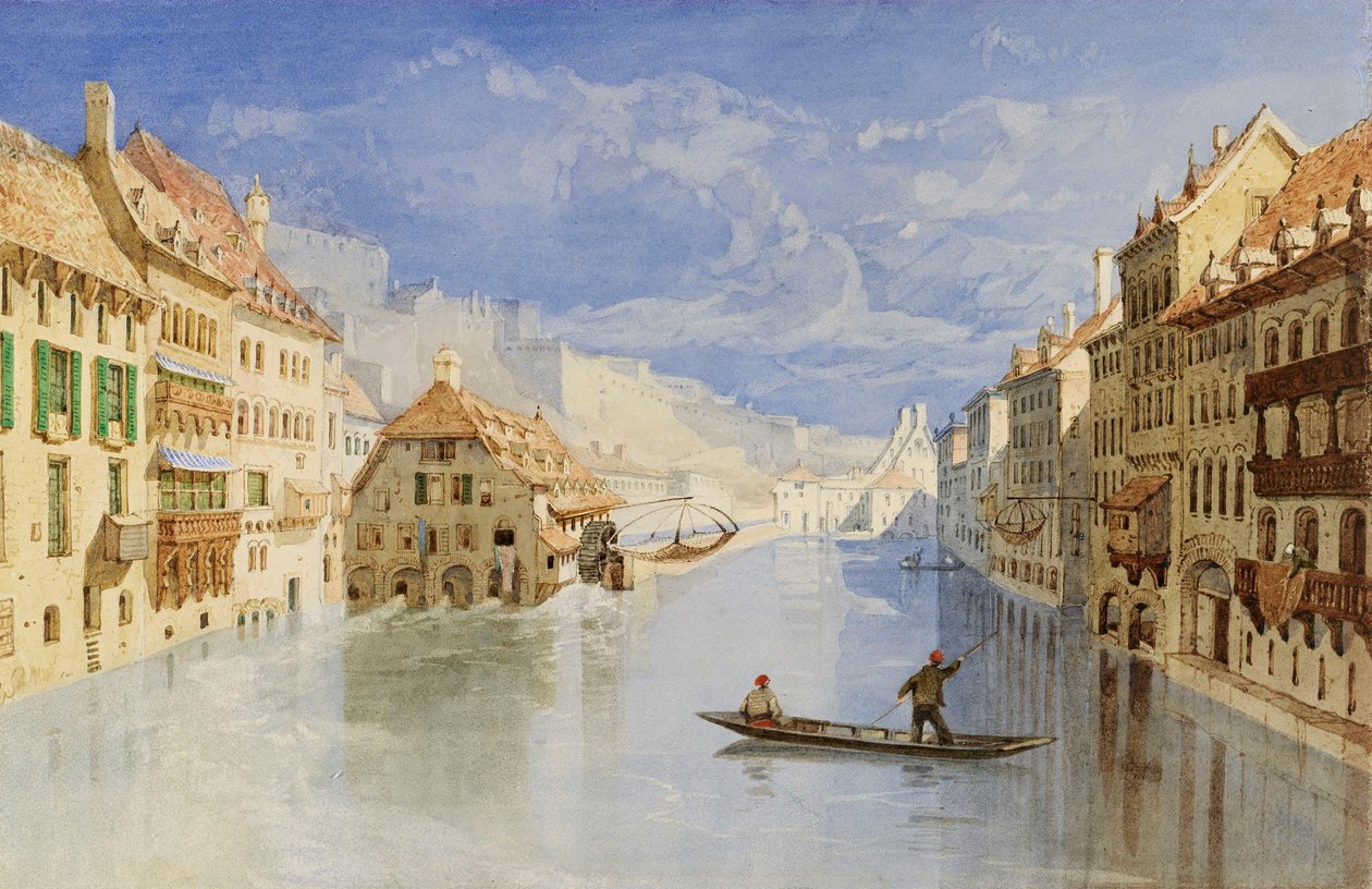 A belgiumi Namur fölötti fellegvár a Sambre folyó felől alkotó: John Sell Cotman