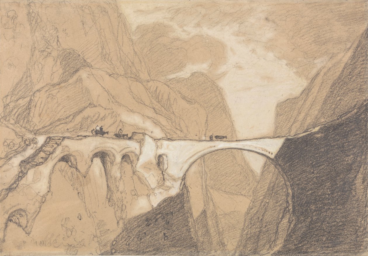 Utazók átkelnek egy hídon egy alpesi szurdok felett alkotó: John Sell Cotman