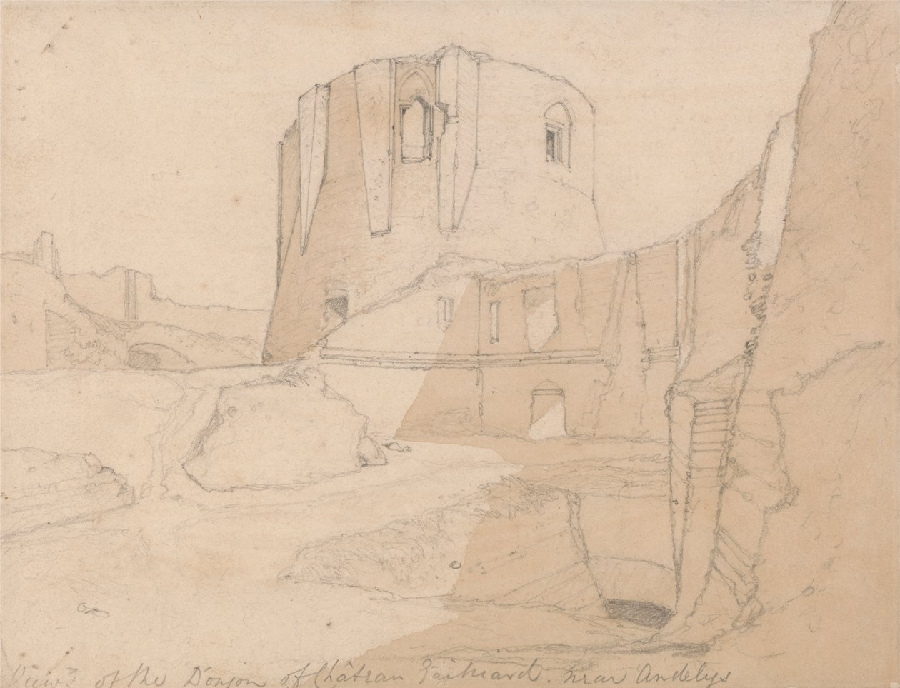 Kilátás a Chateau Gaillard Donjonra, Andelys közelében, Normandiában alkotó: John Sell Cotman