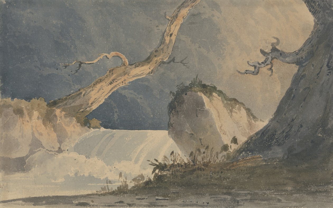 Vízesés elhagyatott tájon (akvarell papíron) alkotó: John Sell Cotman