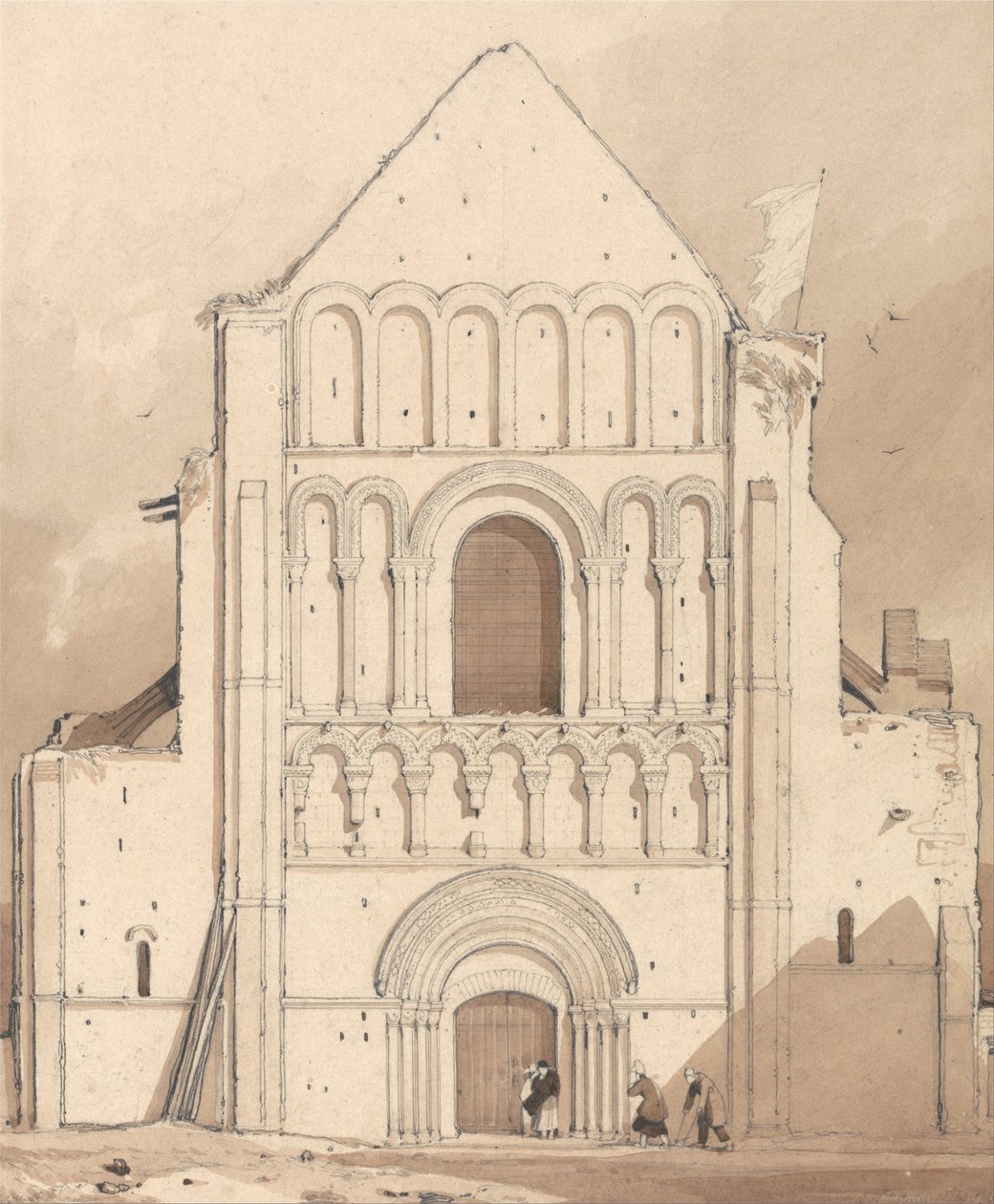 Oyestraham [Ouistreham] templomának nyugati homlokzata, Caen közelében, Normandiában alkotó: John Sell Cotman