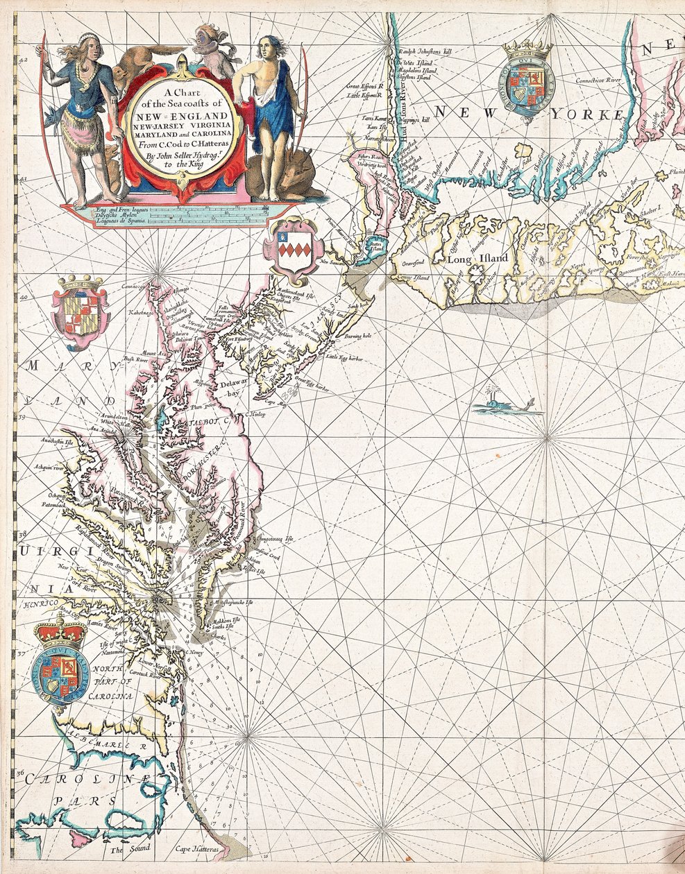 New England, New Jersey, Virginia, Maryland és Carolina tengerpartjainak térképe Cape Codtól Cape Hatterasig. alkotó: John Seller