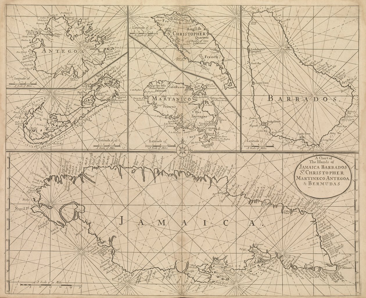 Jamaika, Barbados, Szent Kristóf, Martinique, Antigua és Bermuda térképe alkotó: John Seller