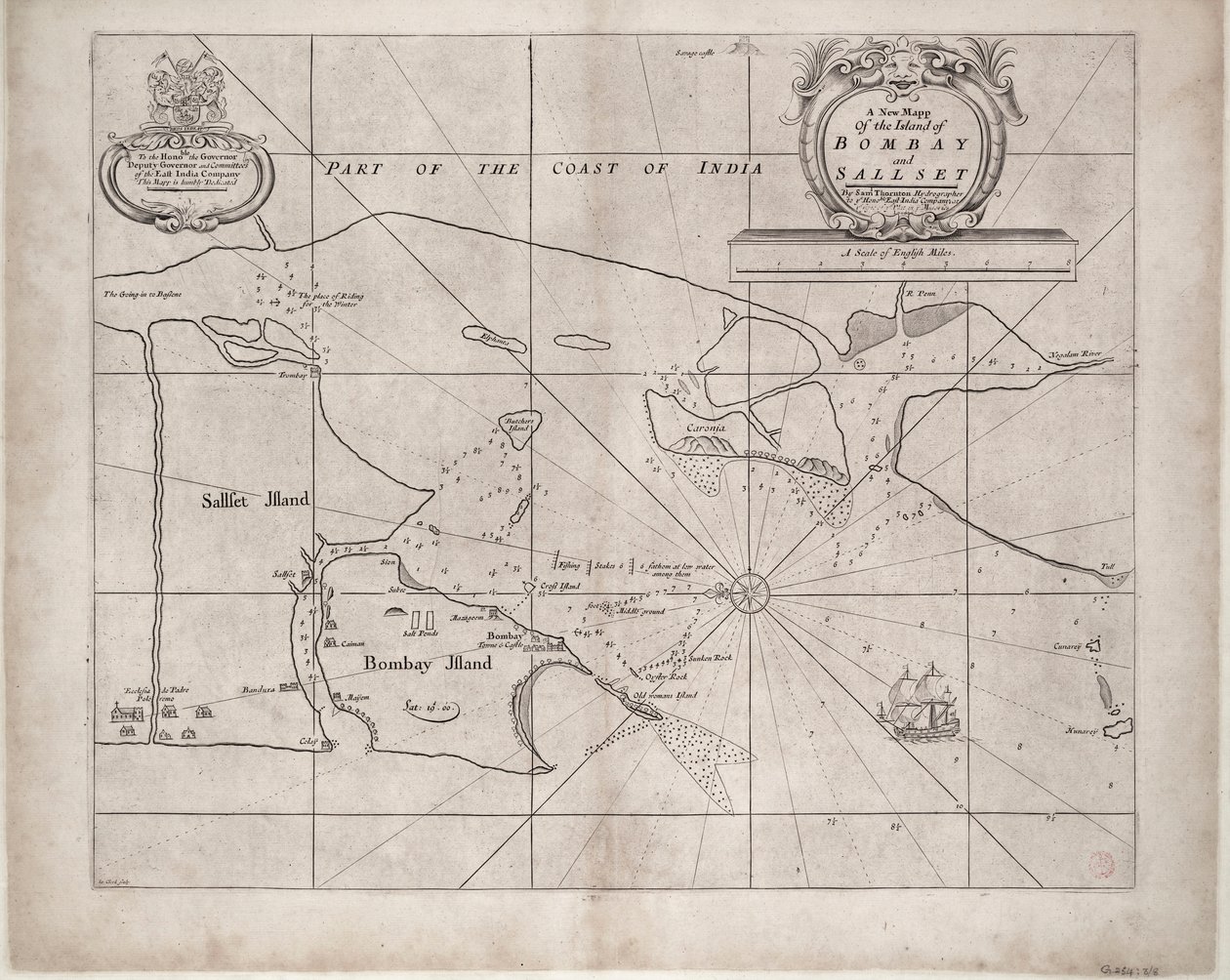 Bombay és Sallset térképe, készítette Samuel Thornton, a Kelet-indiai Társaság hidrográfusa, első kiadás 1685 körül. alkotó: John Seller