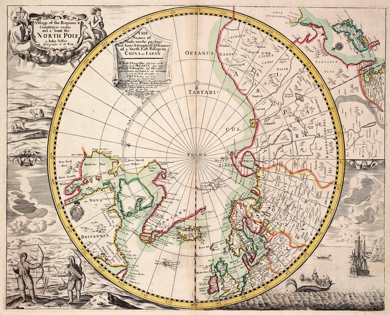 Sarki vetületű térkép a sarkkörrel, 1680 körül (színes metszet) alkotó: John Seller