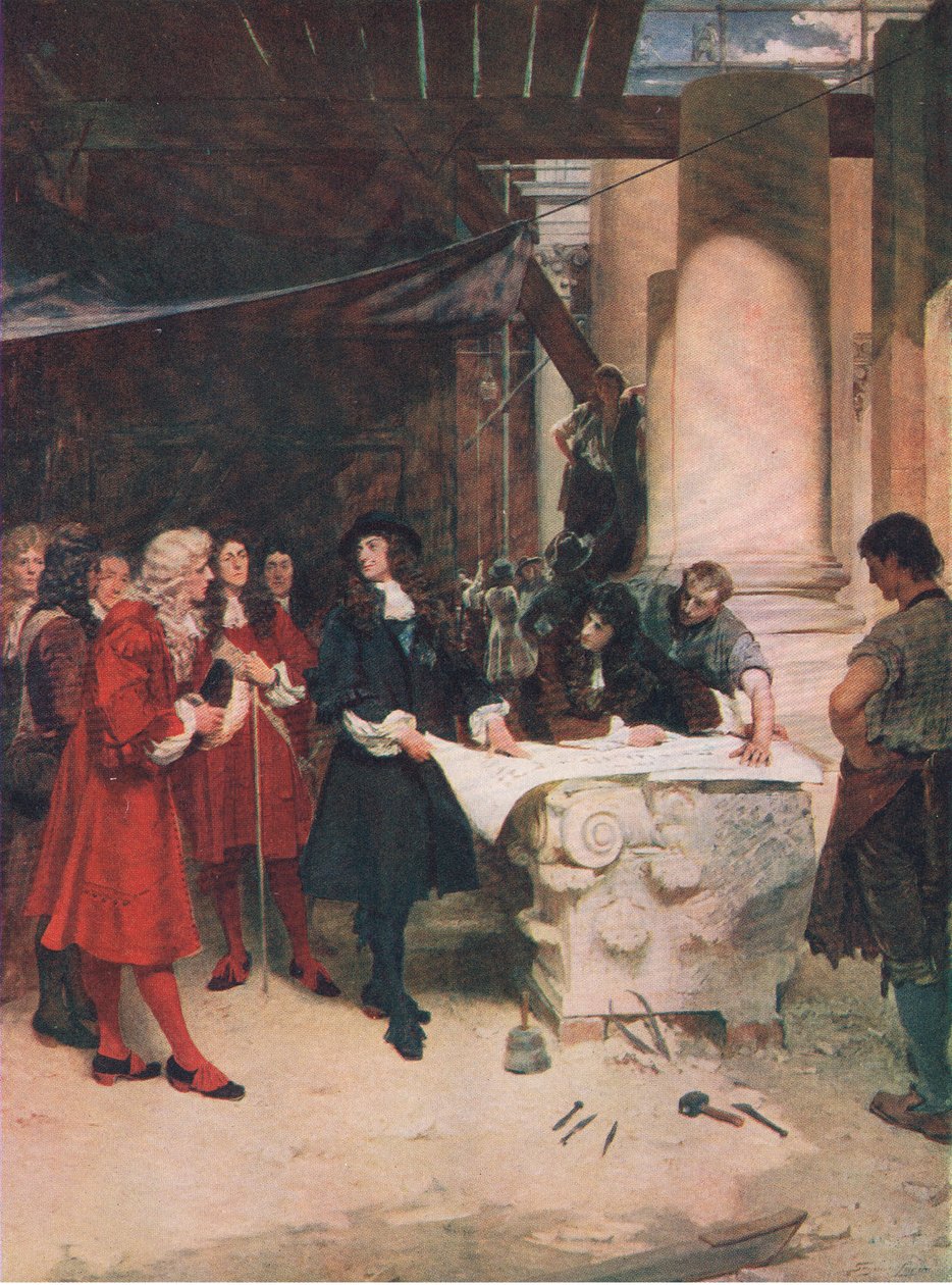 Károly király látogatása Wrennél a St Pauls építése közben, illusztráció a The History of the British People-ből, amelyet Waverley adott ki, 1940 körül (litho) alkotó: John Seymour Lucas