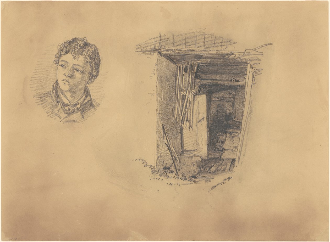 Egy fiú feje; és a kunyhó bejárata alkotó: John Singer Sargent
