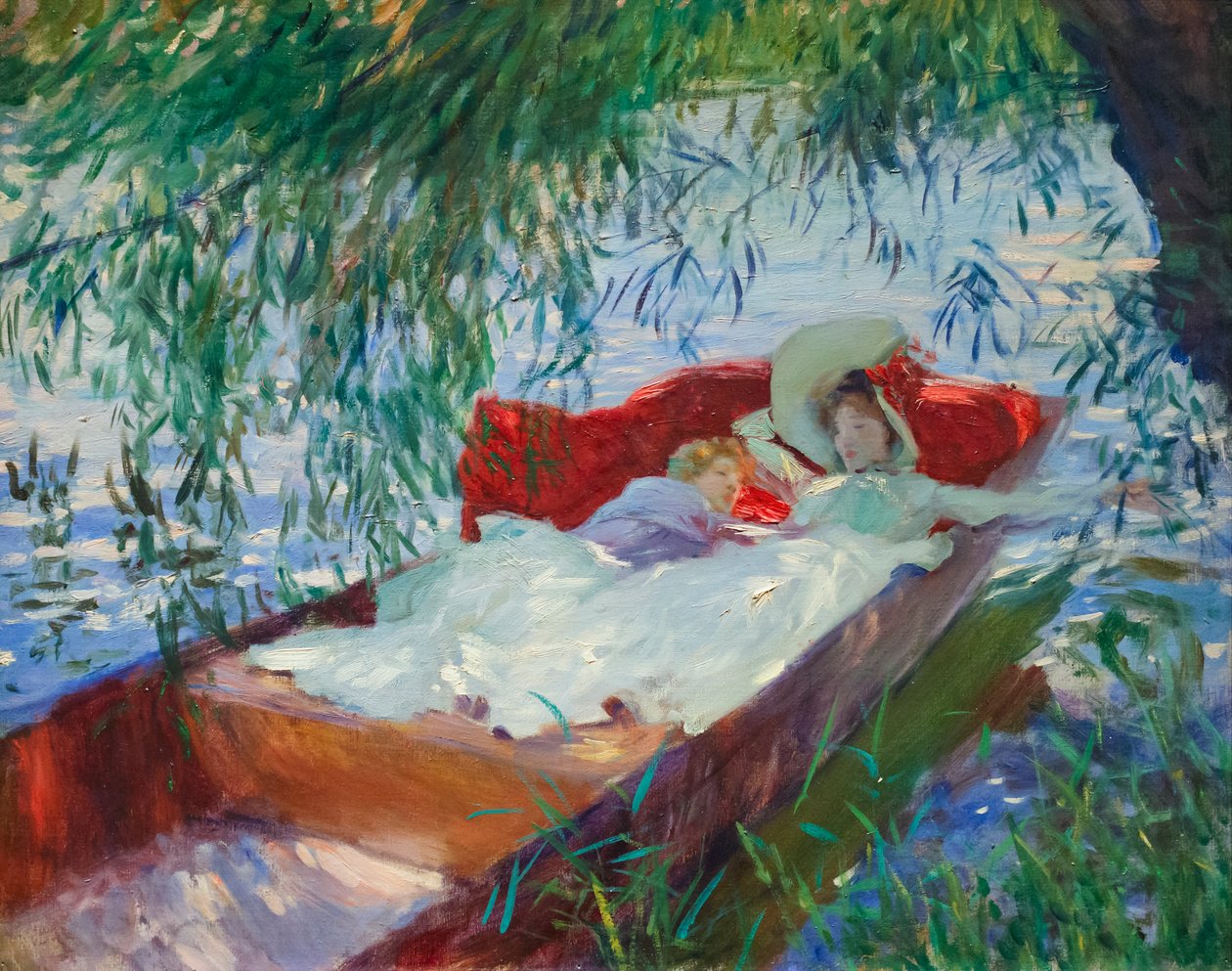 Hölgy és gyermek alszik a fűzfa alatt egy csobogóban alkotó: John Singer Sargent