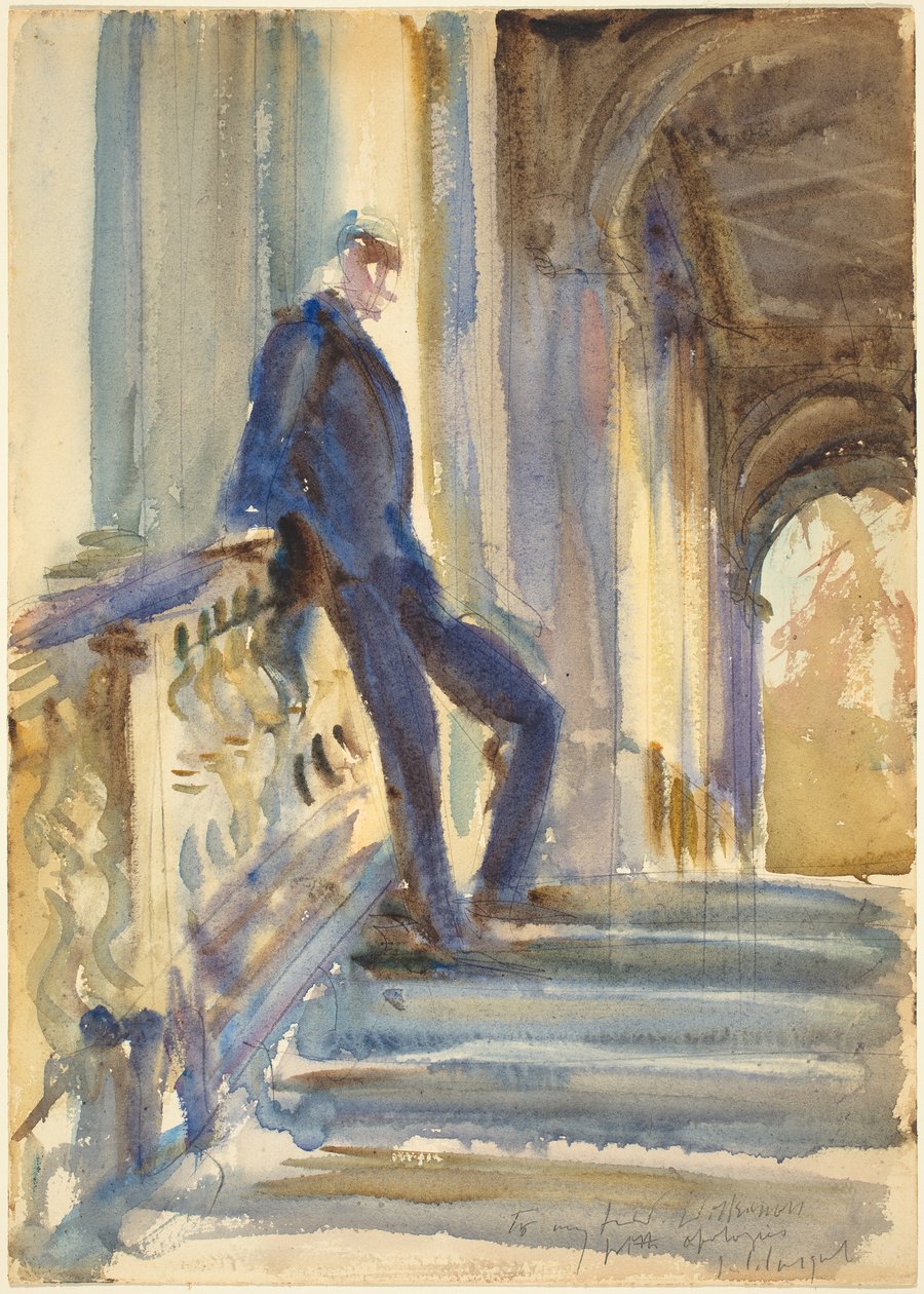 Sir Neville Wilkinson a Palladian híd lépcsőjén a Wilton House-ban, 1904-5 (akvarell grafit felett, szőtt papíron) alkotó: John Singer Sargent