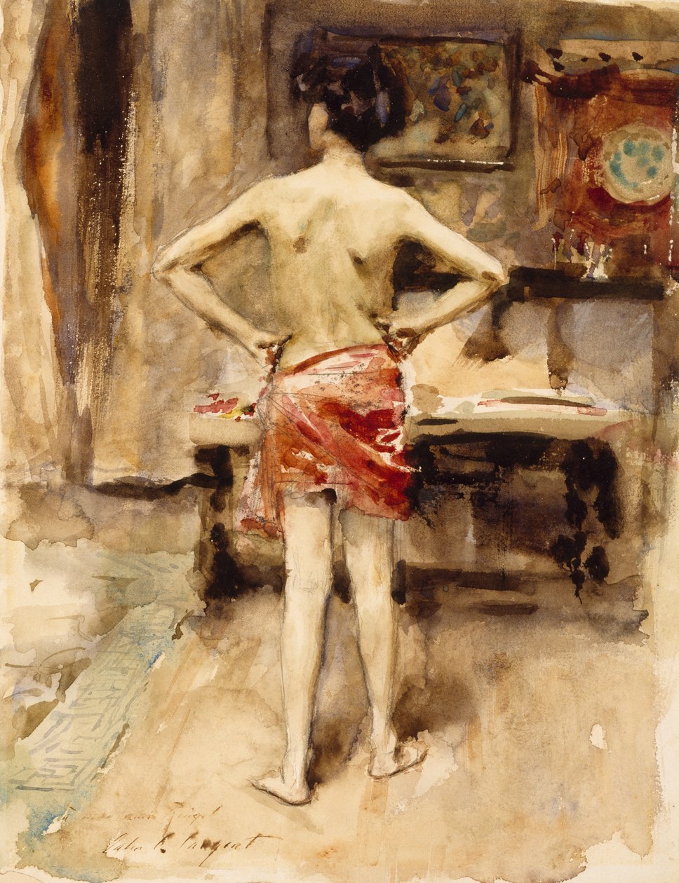 A modell, 1876 (wc, grafitceruza, szőtt papíron) alkotó: John Singer Sargent