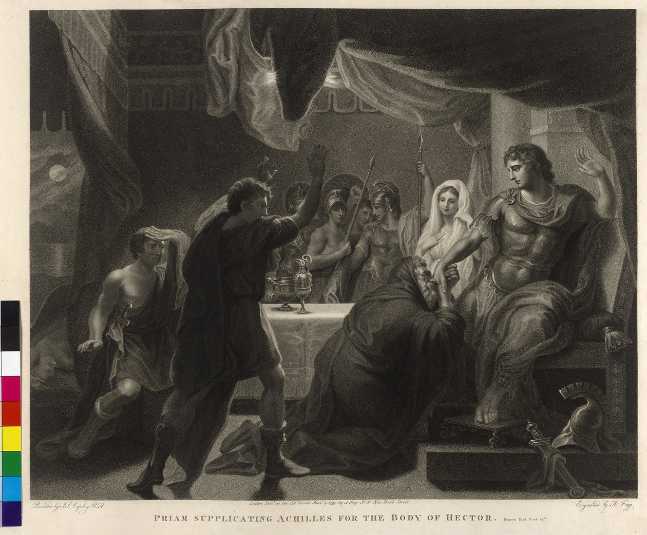 Priamus könyörög Akhilleusznak Hektór holttestéért. alkotó: John Singleton Copley