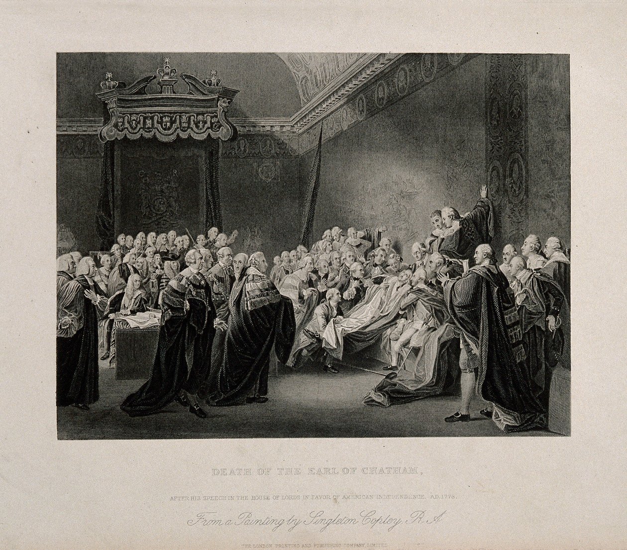 William Pitt, Lord Chatham halála a Westminster-palota felsőházában, 1778. J. Copley műve alapján készült metszet, 1779. alkotó: John Singleton Copley