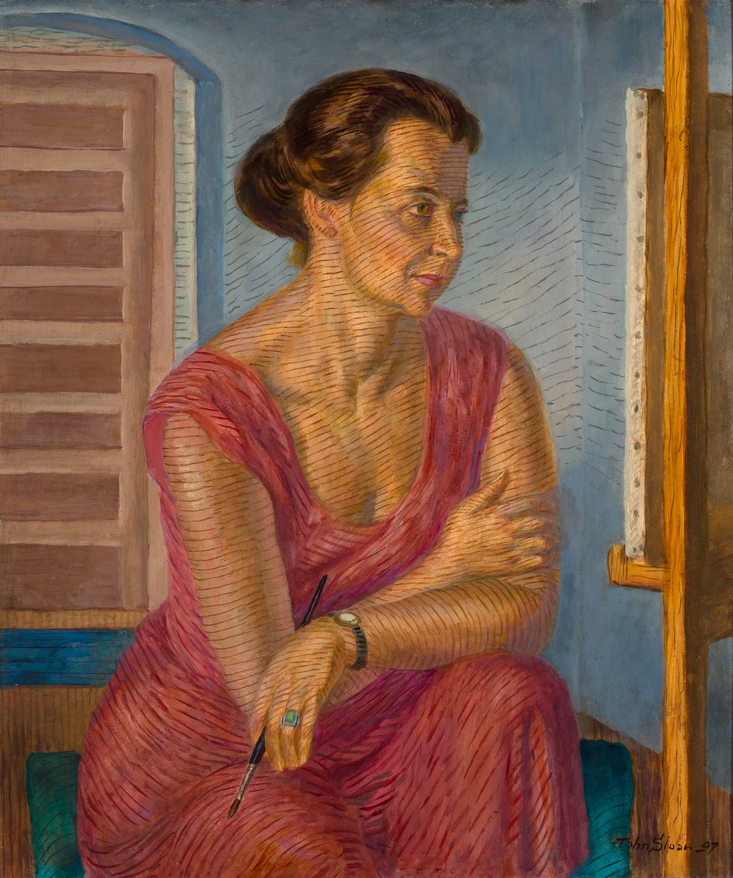 Helen a festőállványon alkotó: John French Sloan