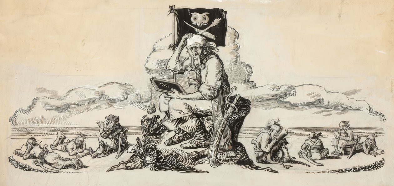 Itt ér véget Mehitabel és kétségbeesett tudósainak emlékezetes és rendkívül figyelemre méltó négyrészes elbeszélése. alkotó: John Sloan