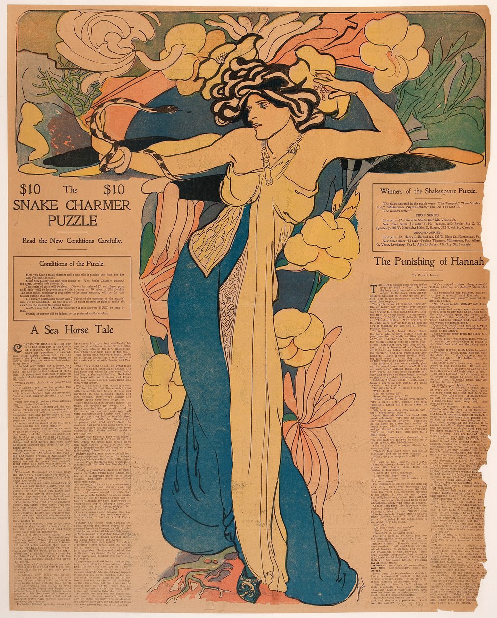 Snake Charmer Puzzle (tinta és akvarell, színes vonalas reprodukció) alkotó: John French Sloan