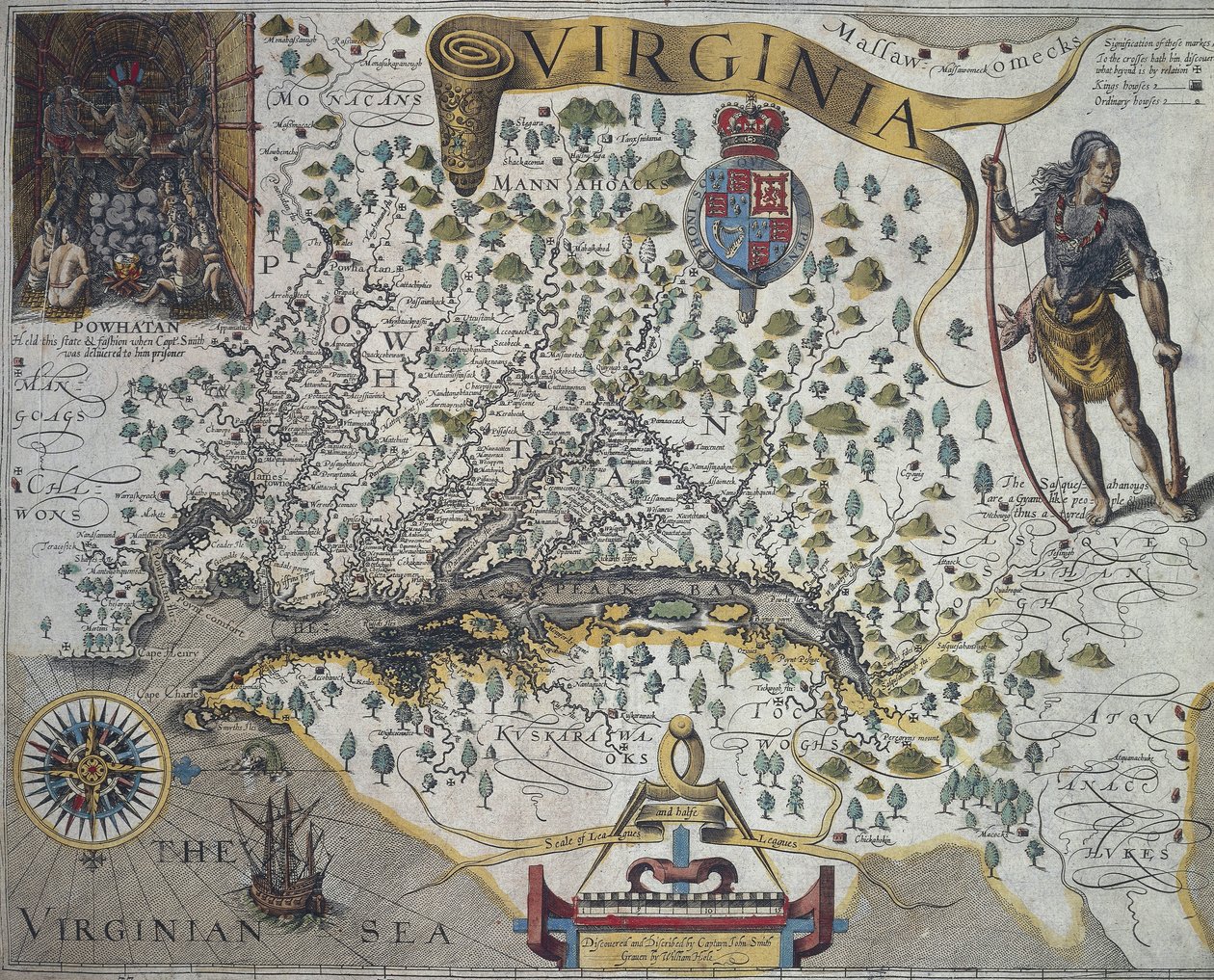 Virginia térképe: Betét (bal felső sarokban), amely Powhatan indián törzsfőnök kunyhójának belsejét mutatja, készítette: John Smith (1580-1631) alkotó: John Smith