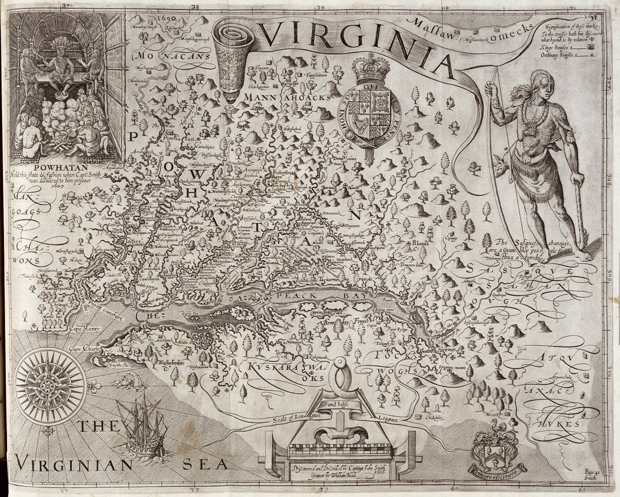 Virginia térképe, amelyet John Smith kapitány fedezett fel és leírt, 1606, William Hole metszet (fl. 1607-24), megjelent 1612-ben (lásd még: 174212) alkotó: John Smith 2