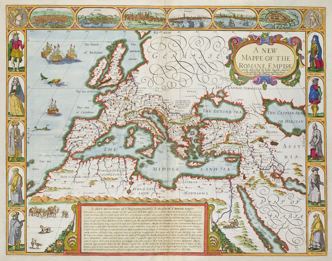 A Római Birodalom új térképe a "Világ leghíresebb részének kilátása" című kocsmából. írta: Bassett und Chiswell, 1676 (kézzel színezett lemezmetszet) alkotó: John Speed