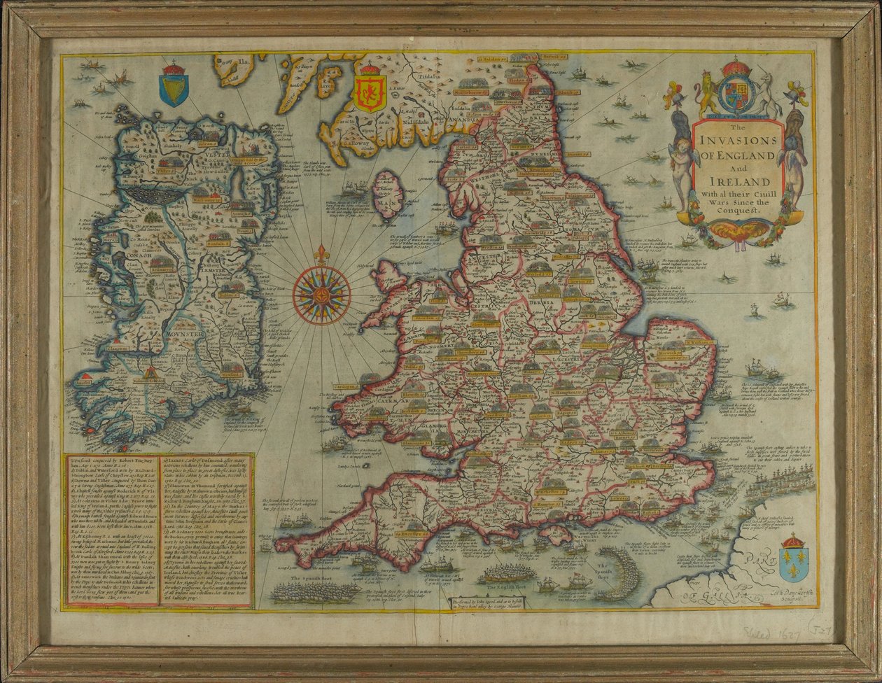 Anglia és Írország megszállását ábrázoló térkép, polgárháborúikkal a hódítás óta, 1627 körül (kézzel színezett metszet) alkotó: John Speed