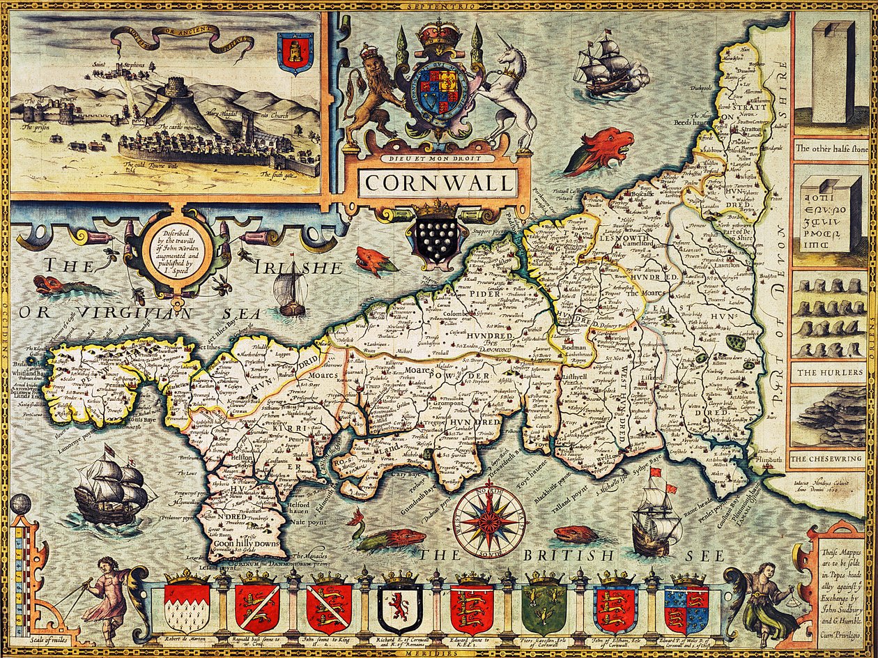 Cornwall térképe a "Theatre of the Empire of Great Britain" kocsmából. Londonban, George Humble, 1627-es kiadás (kézzel színezett metszet) alkotó: John Speed
