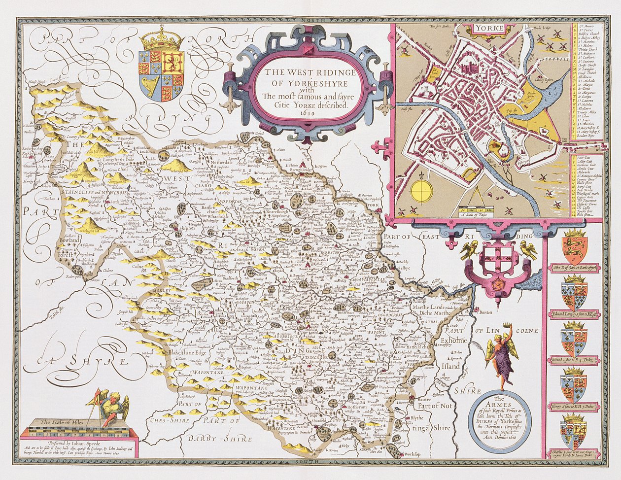 A Yorkeshyre-i West Ridinge, Jodocus Hondius (1563-1612) metszettje John Speed „Theatre of the Empire of the Great Britain” című művéből, 1611-12 (kézzel színezett rézmetszet) alkotó: John Speed