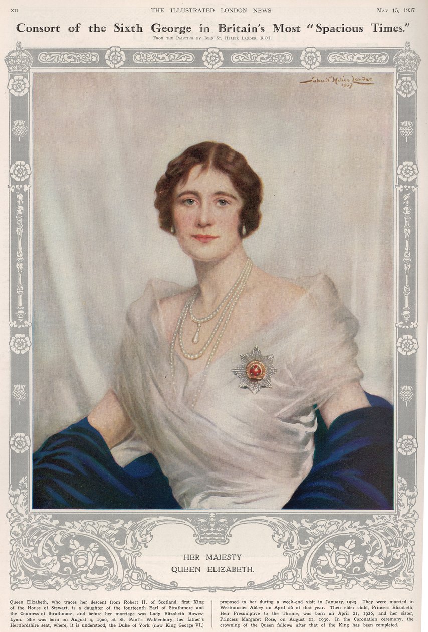 Erzsébet királynő (1900-2002) portréja a The Illustrated London News-ból, 1937. május 15. alkotó: John St. Helier Lander