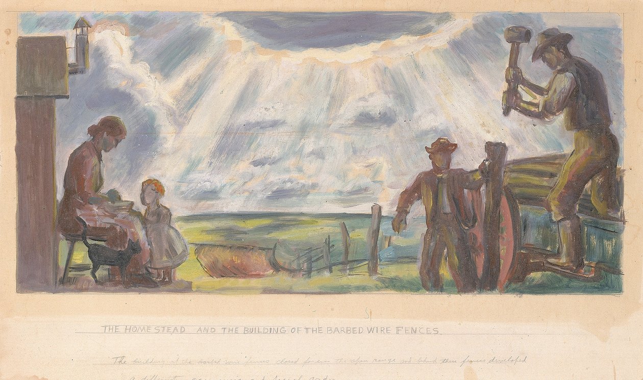 The Homestead and the Building of the Barbed Wire Fences (freskó tanulmány a belső épülethez, General Land Office, Washington, D.C.) alkotó: John Steuart Curry