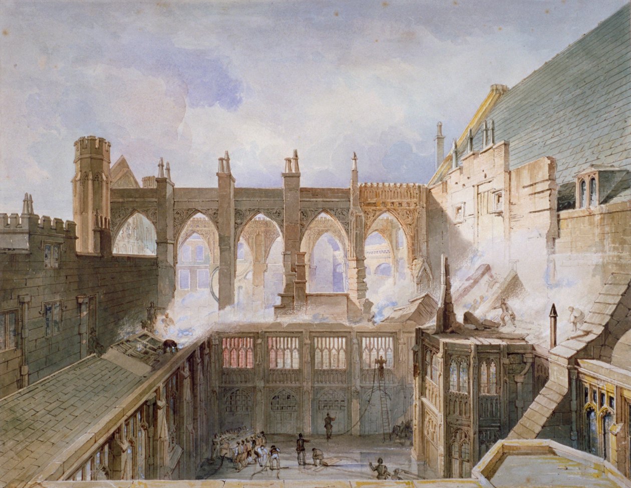 Kilátás a Szent István-kápolna lerombolására, a Westminster-palota, London, 1834 alkotó: John Taylor
