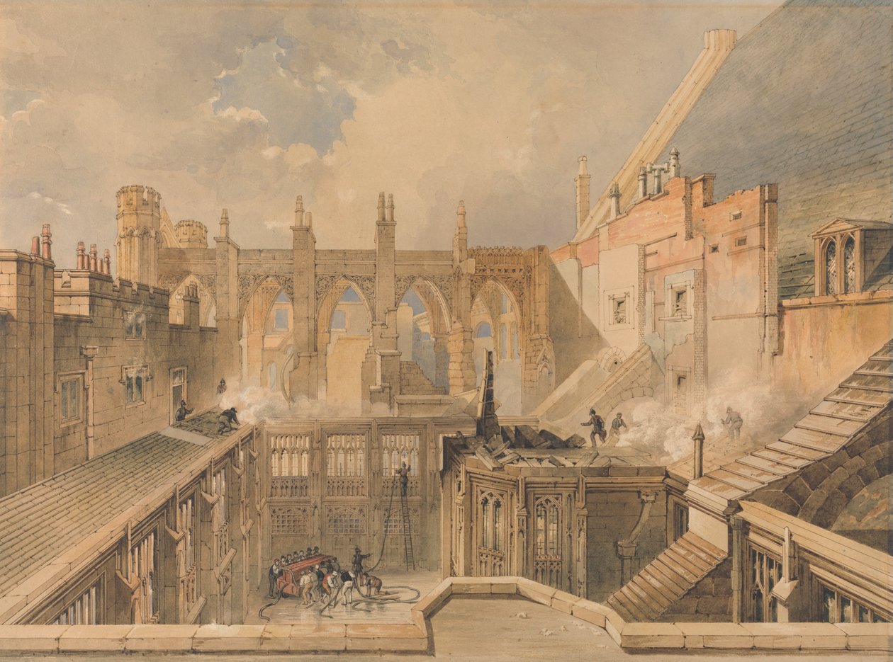 Kilátás a Szent István-kápolna maradványairól, a Parlament épületei az 1834. október 16-i tűzvész utáni reggelen alkotó: John Taylor Jr.
