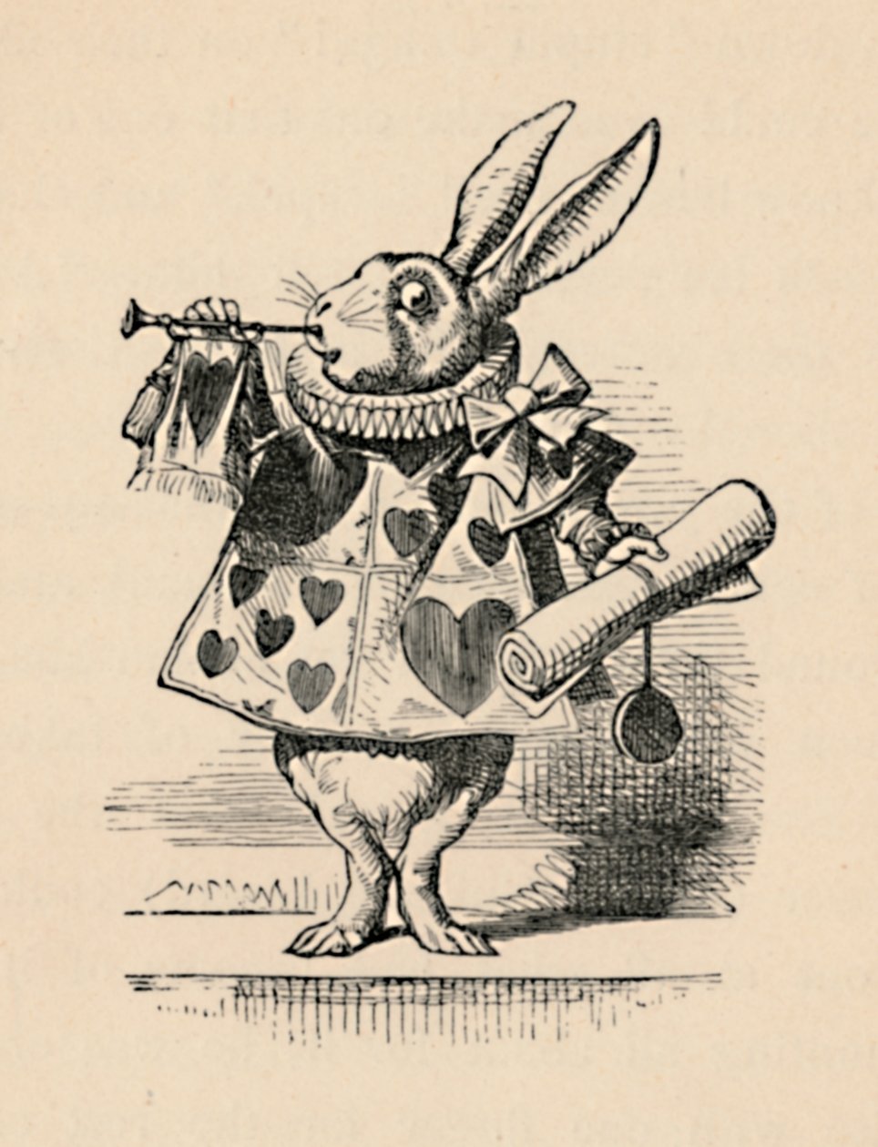 Egy nyúl, mint udvari tiszt, aki trombitát fúj egy bejelentésre, 1889 alkotó: John Tenniel