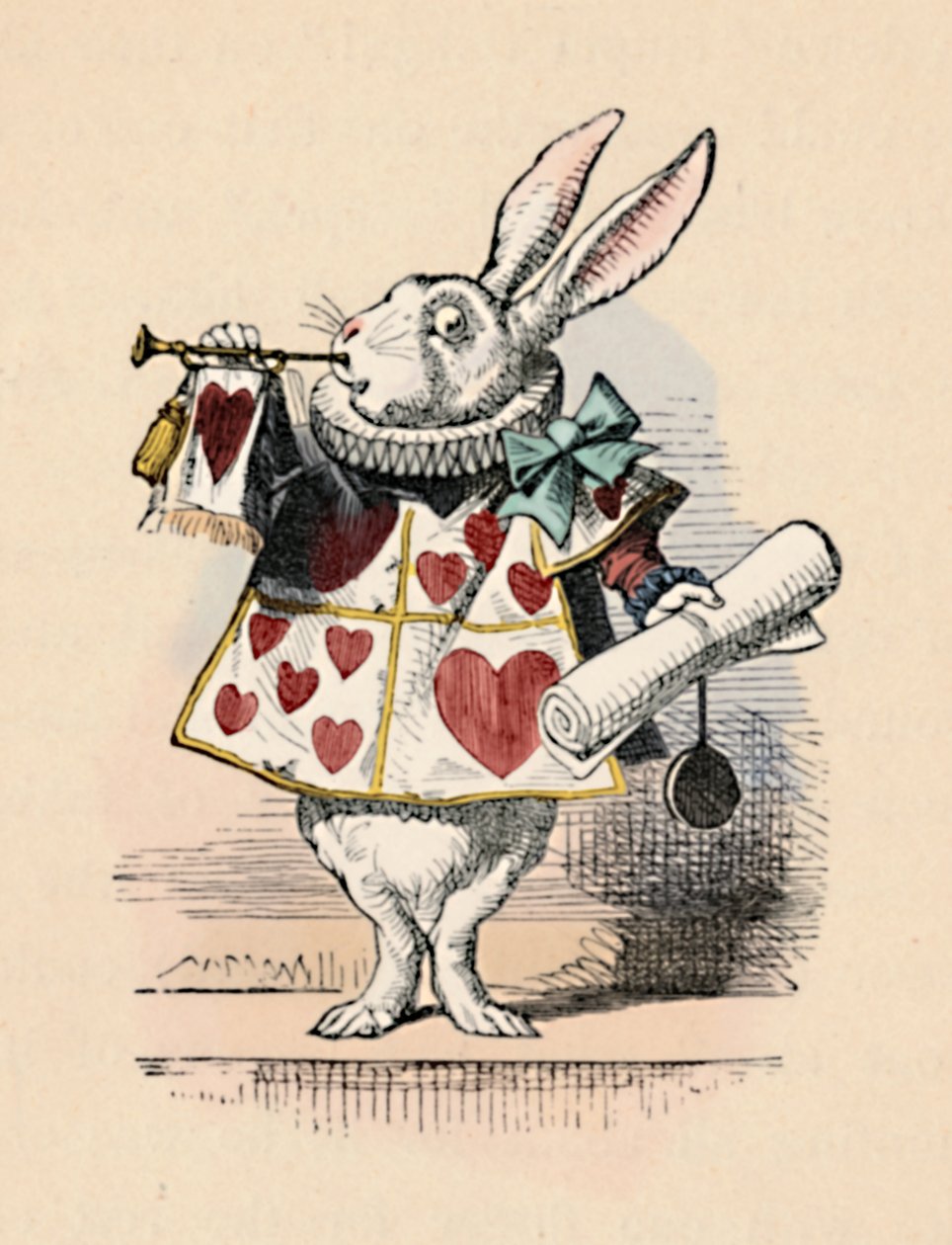 Egy nyúl, mint udvari tiszt, aki trombitát fúj egy bejelentésre, 1889 alkotó: John Tenniel
