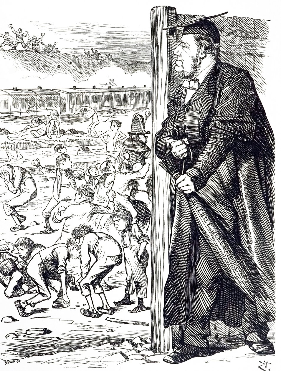 William Vernon Harcourt (1827-1904) rajzfilm, aki amikor a belügyminiszter a nyírfa bevezetését javasolta a fiatalkorú elkövetők fogva tartása helyett. Illusztrálta: John Tenniel (1820-1914) angol illusztrátor, grafikus humorista, alkotó: John Tenniel