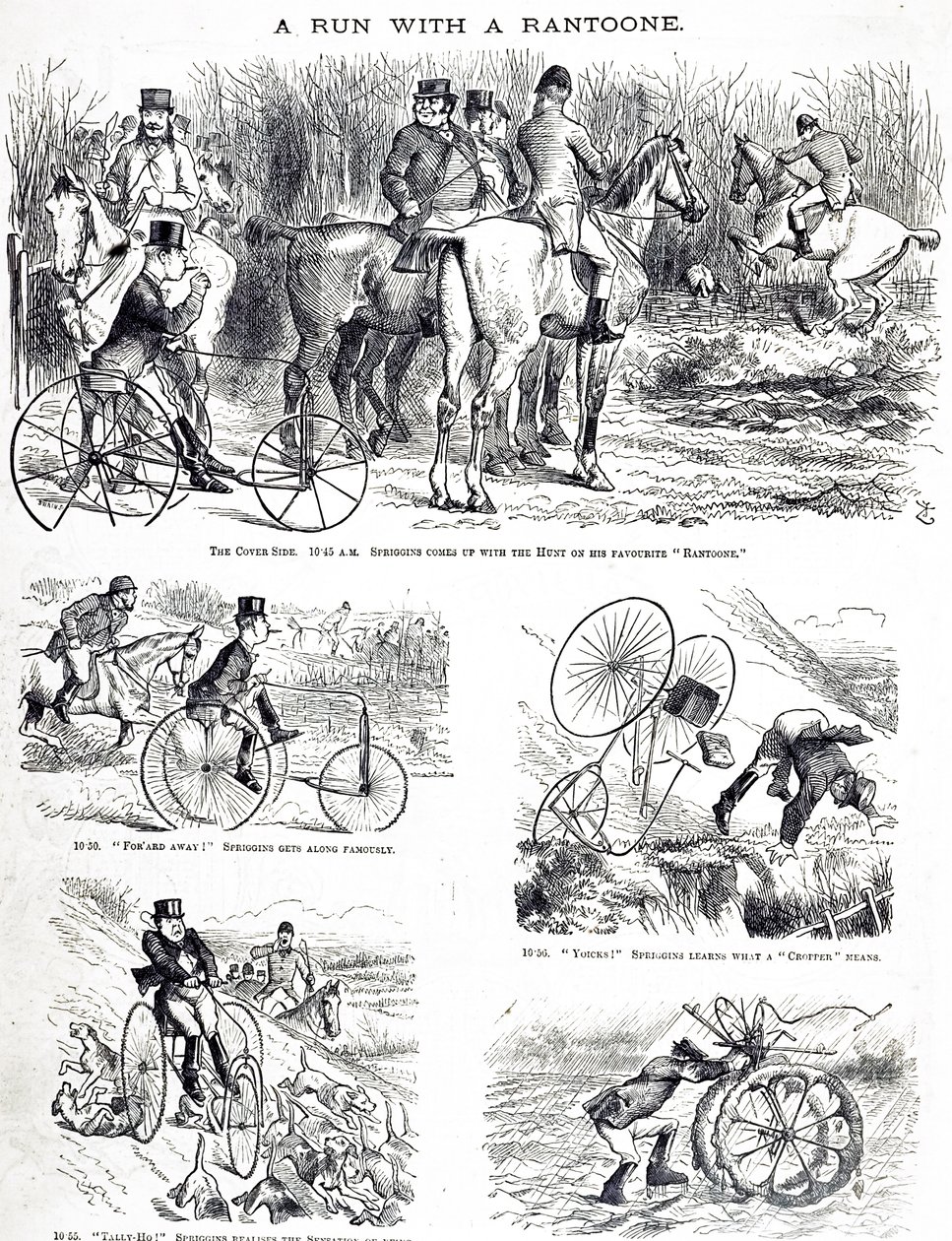 Egy rajzfilm, amely egy háromkerekűn vadászó férfit ábrázol. Illusztrálta: John Tenniel (1820-1914) angol illusztrátor, grafikus humorista és politikai karikaturista alkotó: John Tenniel