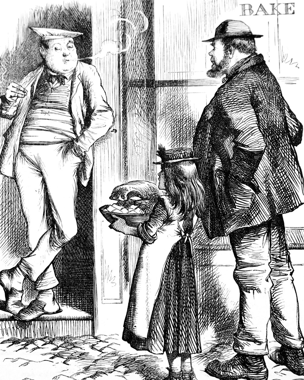 Apa és lánya sütnivalót visznek a helyi péknek, hogy megfőzzék alkotó: John Tenniel