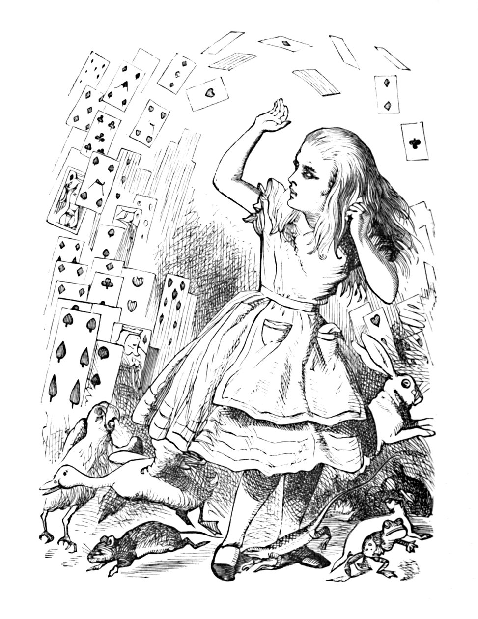 Egy csomag kártya felrepül Alice fölött, 1889 alkotó: John Tenniel