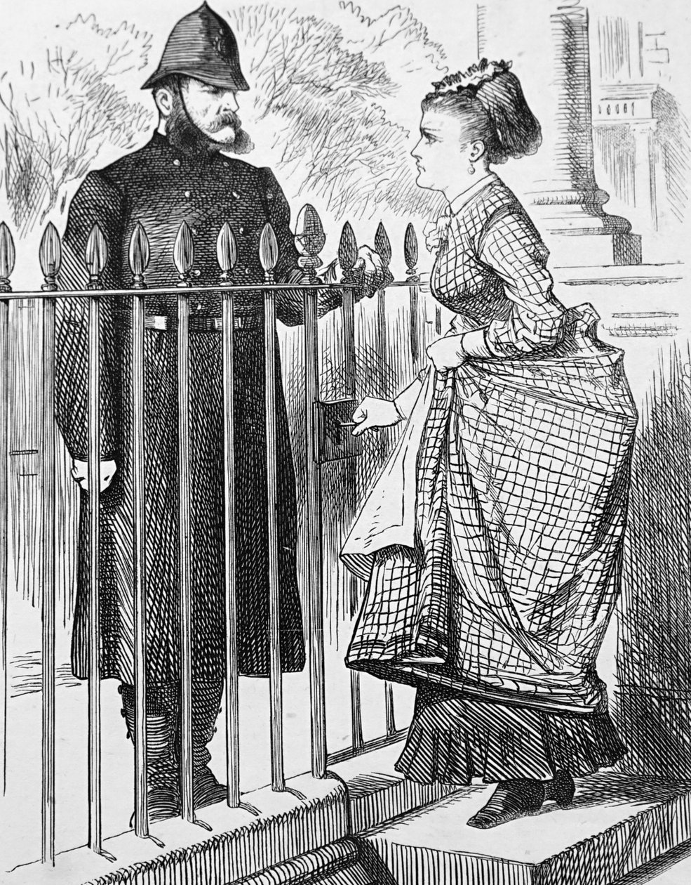 Egy rendőr egy fiatal nővel beszélget alkotó: John Tenniel