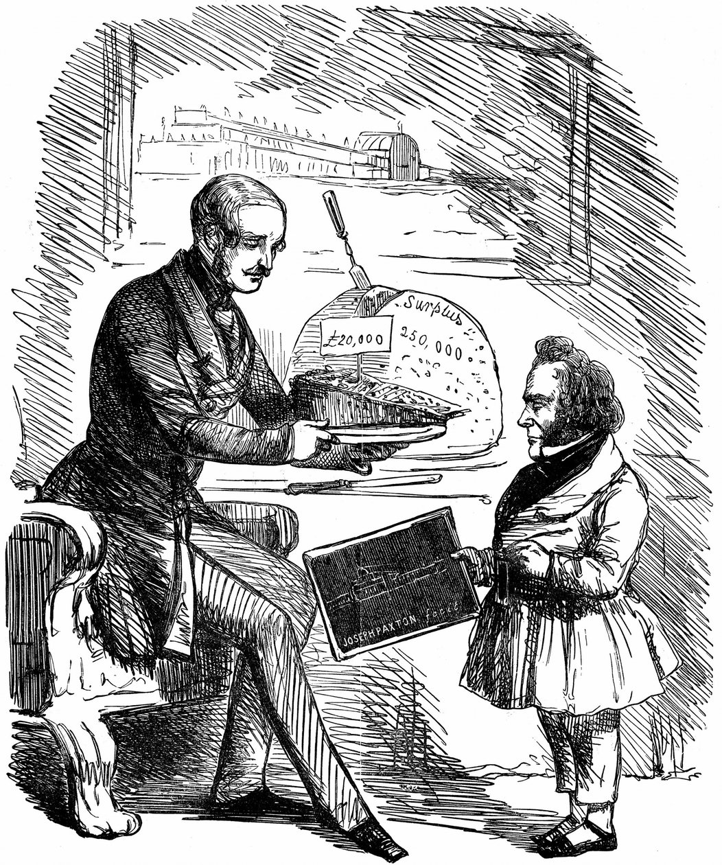 Albert, Viktória királynő herceg hitvese átadja Joseph Paxtonnak, a Crystal Palace tervezőjének egy 20 000 GBP értékű „Szilárd puding” szeletet az 1851-es londoni Hyde Parkban megrendezett Nagy Kiállítás többletforrásaiból. John Tenniel rajzfilm a Punchból alkotó: John Tenniel