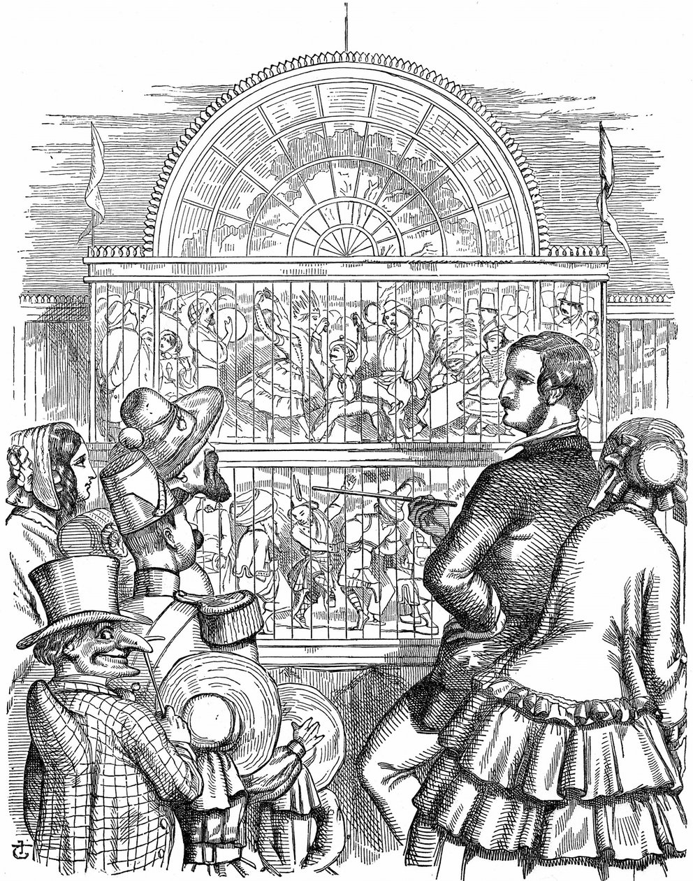 Albert, Viktória királynő hitvese, bemutatja a Kristálypalotát és a Nagy Kiállítást a londoni Hyde Parkban. John Tenniel rajzfilm a Punch Londonból 1851. Fametszet alkotó: John Tenniel