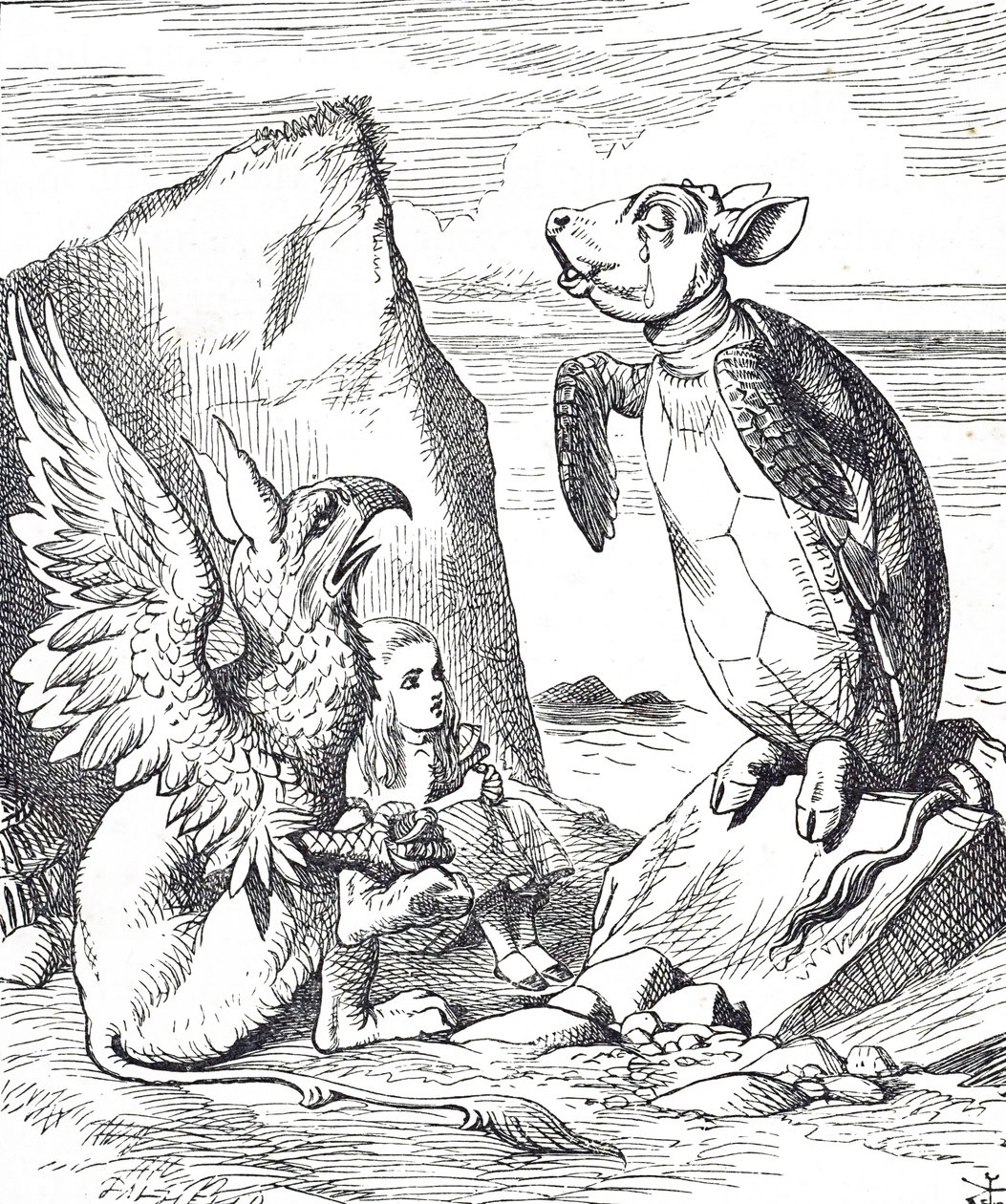 Alice, álteknős és a grifó az Alice kalandjai Csodaországban című filmből alkotó: John Tenniel
