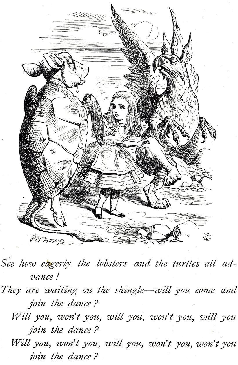 Alice, álteknős és a grifó az Alice kalandjai Csodaországban című filmből alkotó: John Tenniel