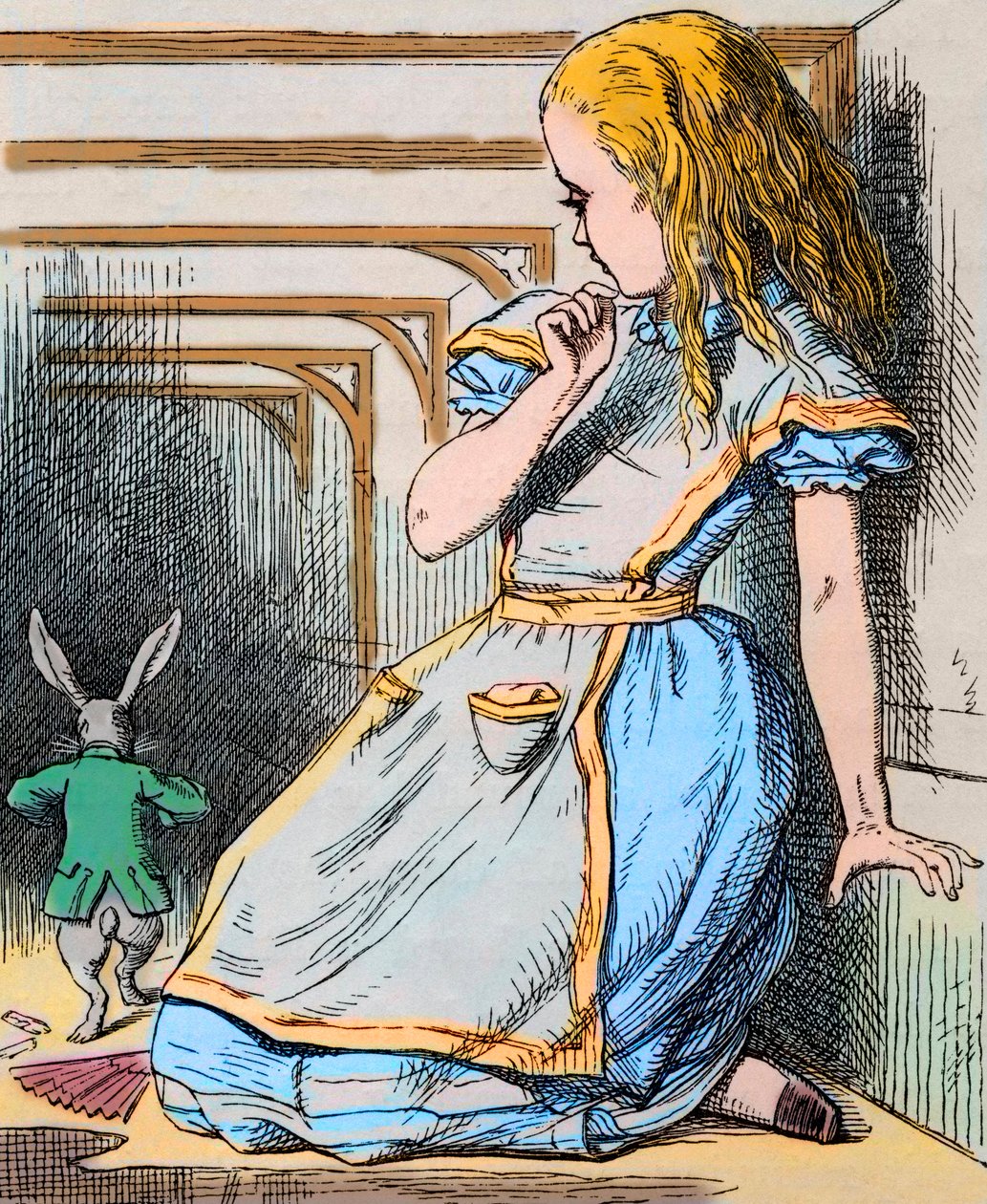 Alice és a fehér nyúl. Illusztráció: John Tenniel Lewis Carroll „Alice kalandjai csodaországban” című művének első kiadásából, 1865 - Illusztráció Lewis Carroll (Charles Lutwidge Dodgson) „Alice Csodaországban” című meséhez alkotó: John Tenniel