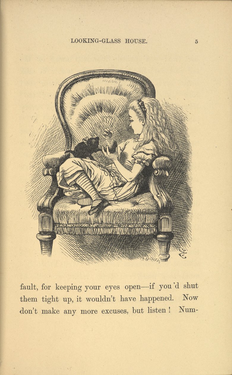 Alice egy széken ülve játszik egy cicával. alkotó: John Tenniel