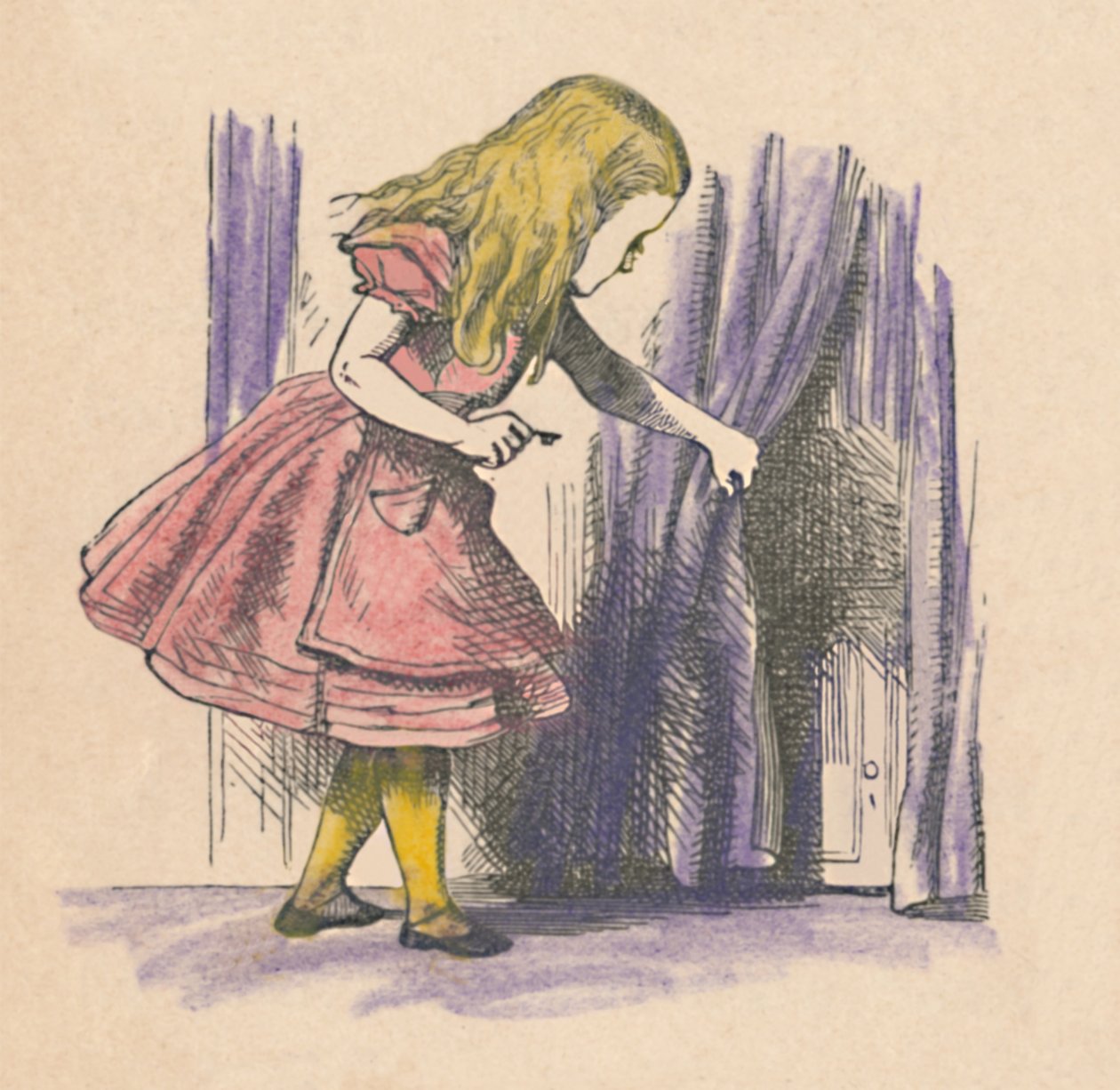 Alice egy kis ajtót néz a függöny mögött, 1889 alkotó: John Tenniel