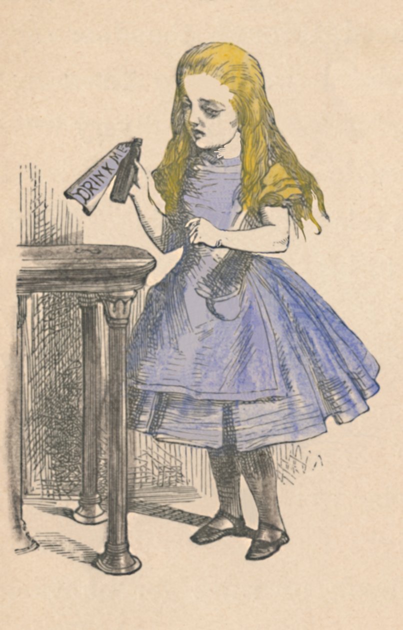 Alice az Igyál engem feliratú üveget nézi, 1889 alkotó: John Tenniel