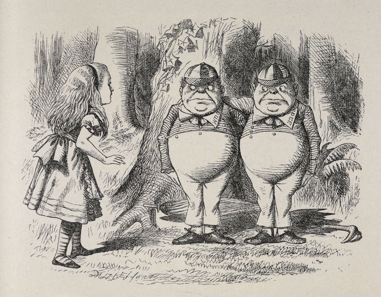 Alice először találkozik Tweedle Dee-vel és Tweedle Dummal. Egy fa alatt álltak, karjukkal a másik nyakában, és Alice egy pillanat alatt tudta, melyik melyik, mert egyikük gallérjára "Dum", a másiknak pedig "Dee" volt hímezve. alkotó: John Tenniel