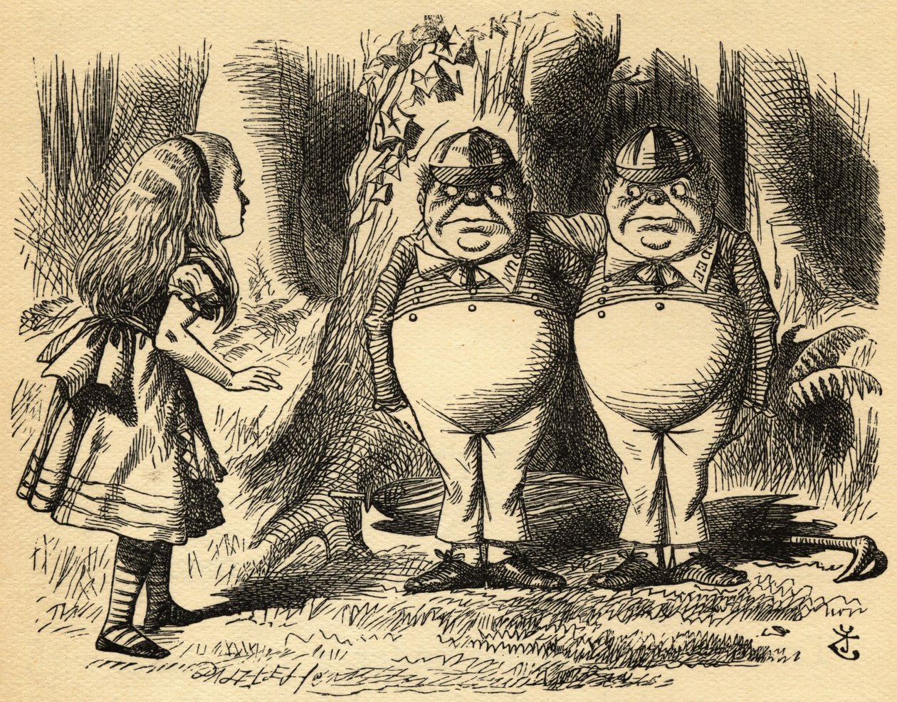 Alice Tweedledummal és Tweedledee-vel. Illusztráció: Sir John Tenniel alkotó: John Tenniel