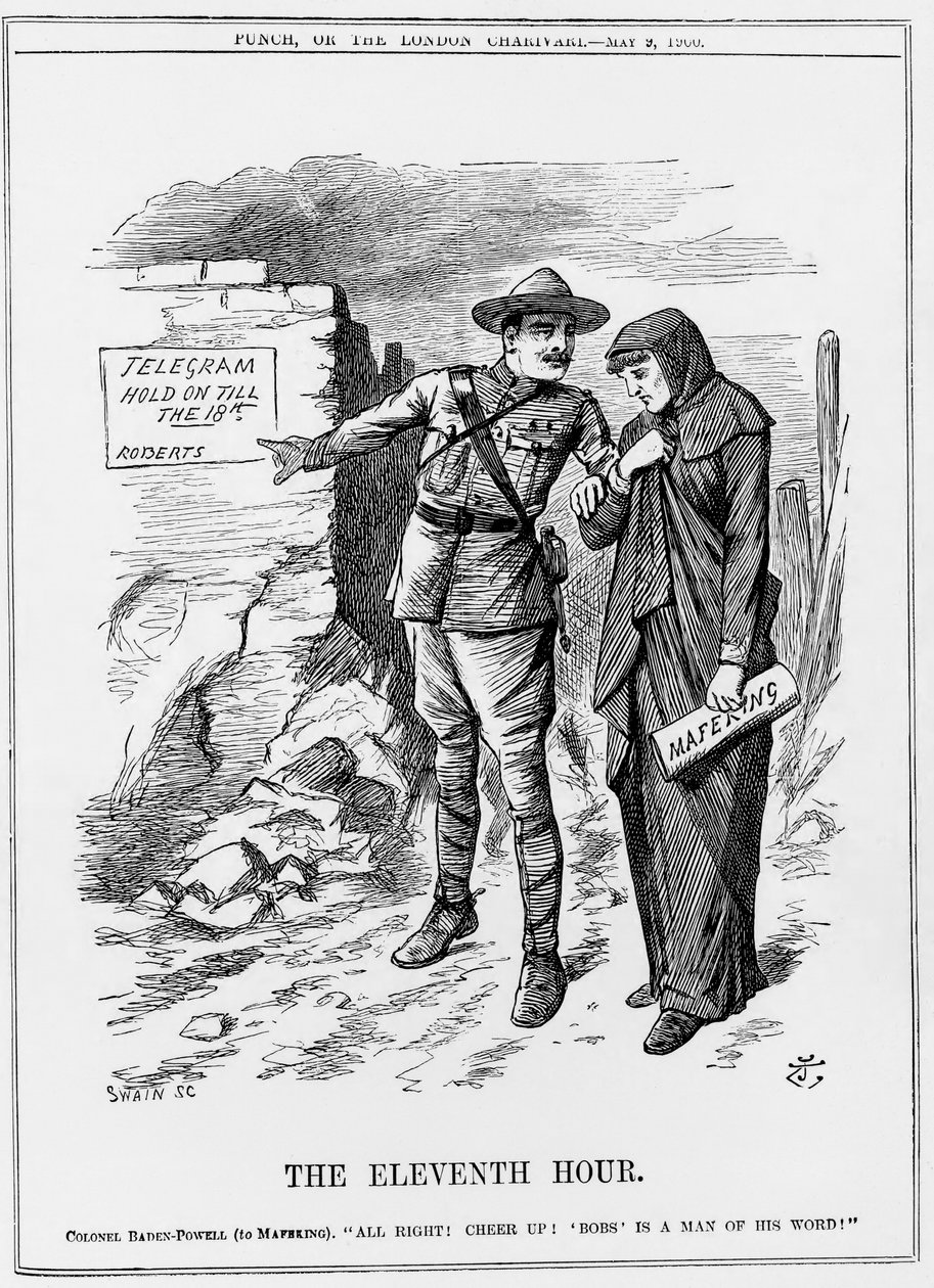 Búr háború: Baden Powell kitartásra buzdítja Mafekinget. Lord Roberts megígérte, hogy május 18-ig felmenti őket. John Tenniel rajzfilm az 1900. május 9-i Punch-ból. alkotó: John Tenniel