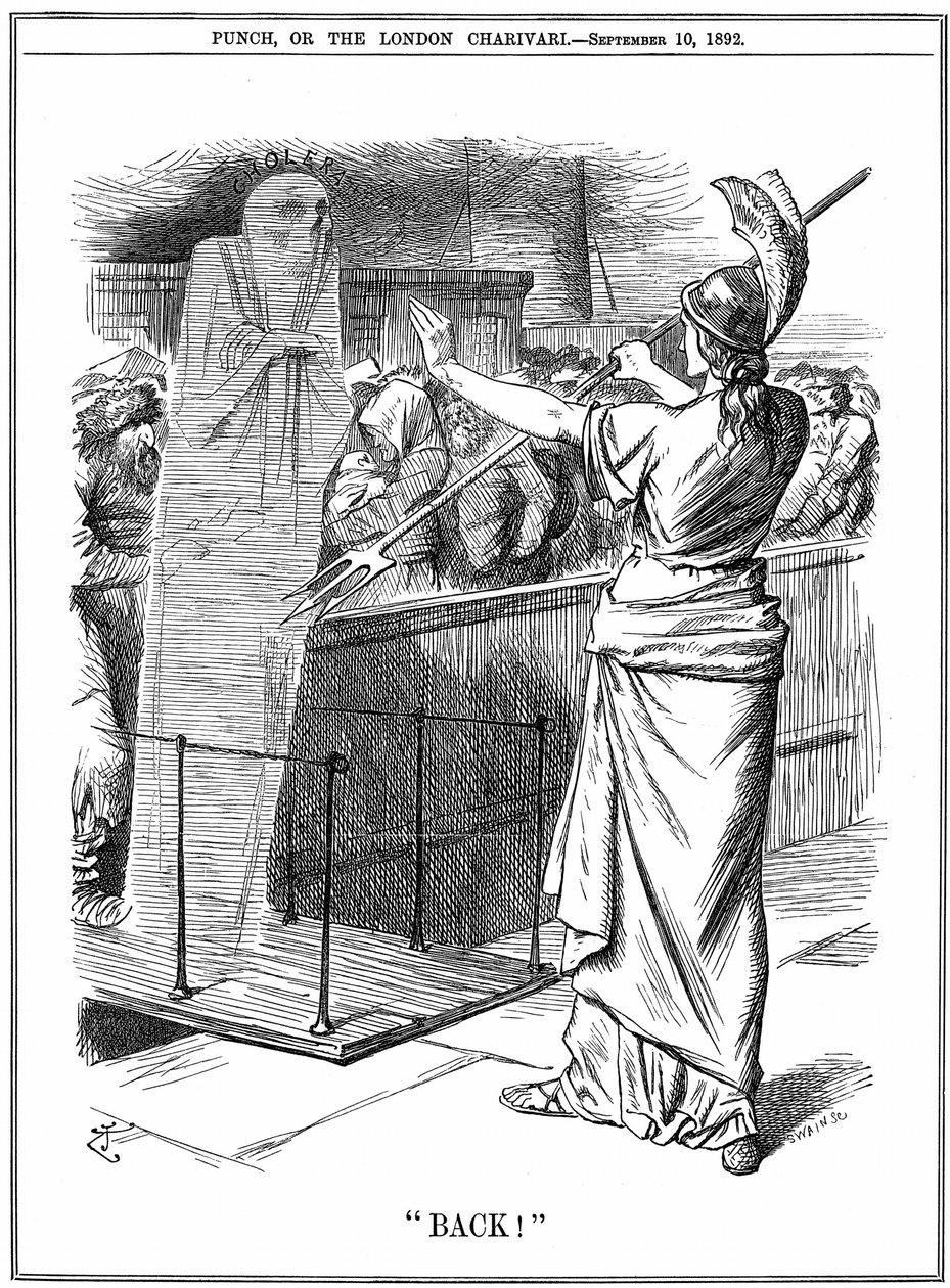 Britannia visszatartja a kolerát a brit kikötőkben. Az 1892-es járványban körülbelül 260 000 halt meg Oroszországban és 7 600 Hamburgban. Nagy-Britanniában sikerült megakadályozni a járványt. John Tenniel rajzfilm a Punch Londonból 1892. szeptember 10-én. alkotó: John Tenniel