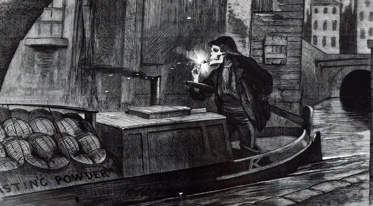 John Tenniel kampánykarikatúrája azt javasolja, hogy a Parlament vezesse be a robbanóanyagok kezelésének és szállításának biztonsági szabályait, miután egy puskaport szállító bárka megsemmisült a londoni Regent