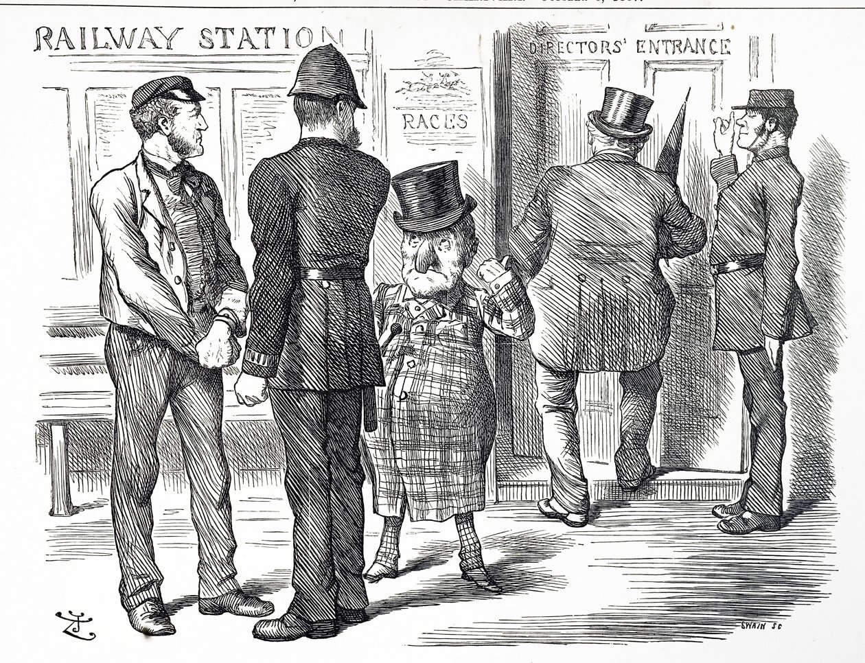 Karikatúra, amely kommentálja a blokkrendszer jelzésének kötelezővé tételét a Brit Vasúton alkotó: John Tenniel